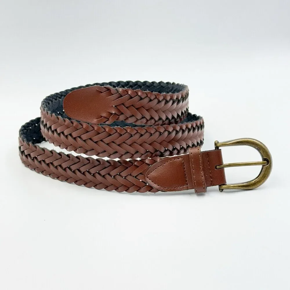 Unbranded Woven Brown Belt Size L Brass Tone Buckle Casual 1 In Wide